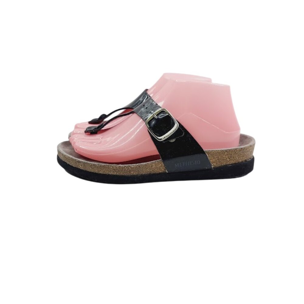Mephisto Women's Black‎ Glossy Leather Cork Sole Classic Thong Sandal Size 9